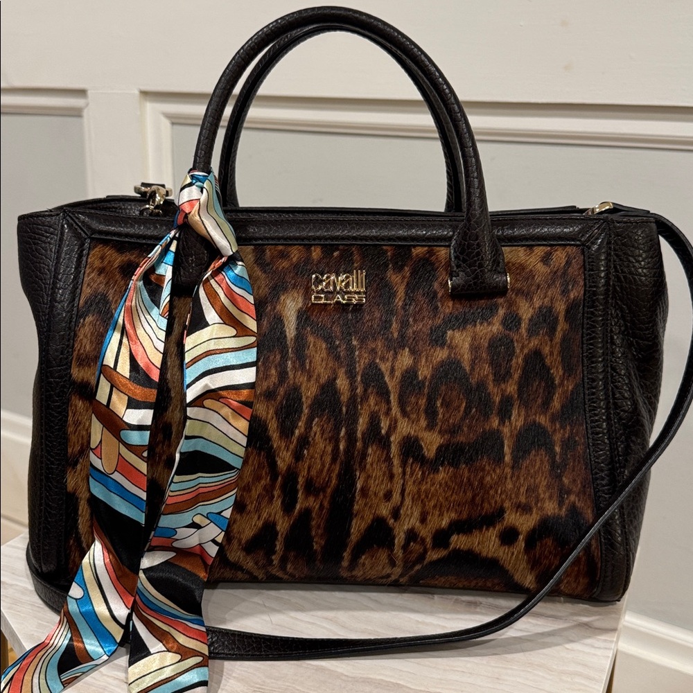 Roberto Cavalli Class Tote Satchel Brown Leopard Calf Hair Leather Bag - Picture 5 of 17